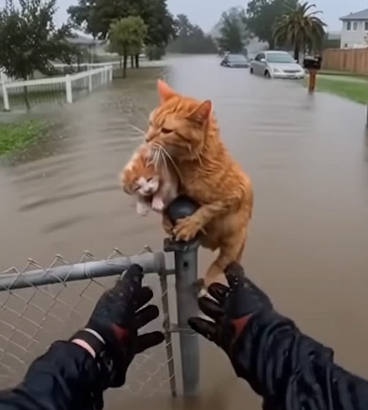 cat got rescued from flooding street