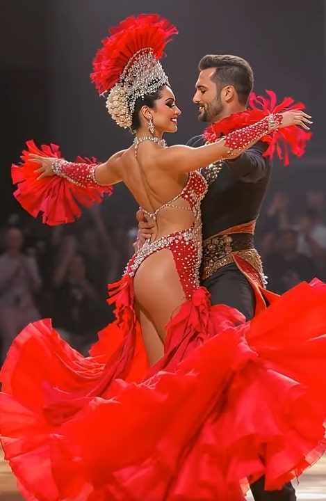 red dance attractive girl woman partner floor