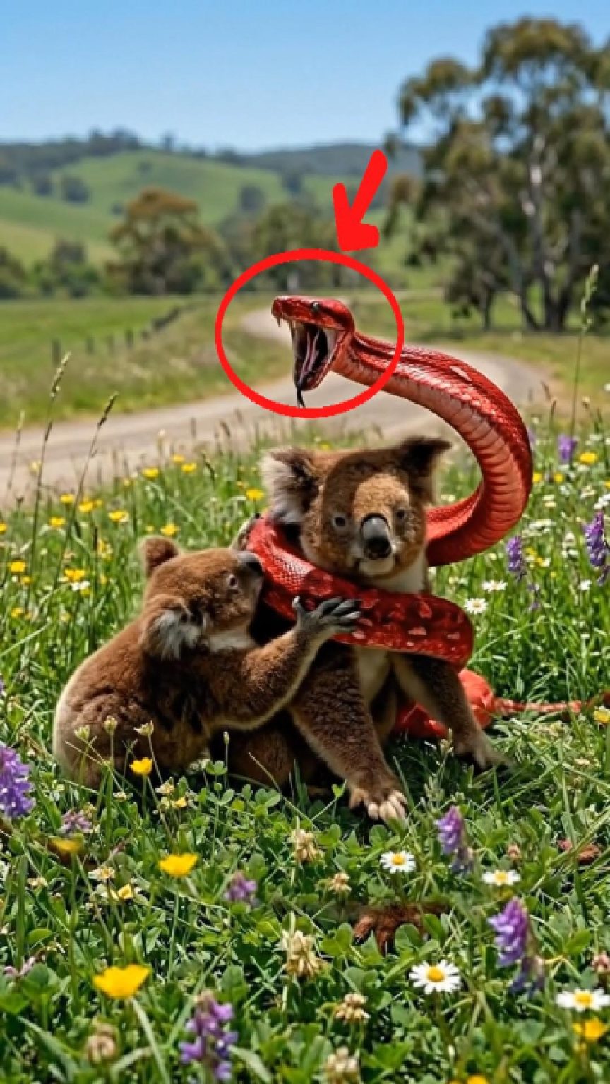 Python Eating Koala Red snake tightly coiled around a helpless koala mother while her baby ...