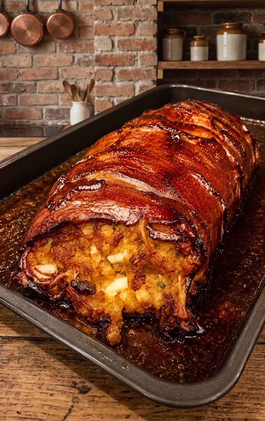 Bacon wrapped stuffing roll with a crisp golden exterior