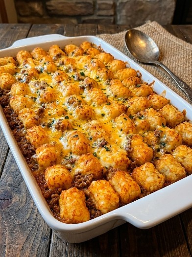 Serving of Cowboy Casserole with beef potatoes corn and cheese