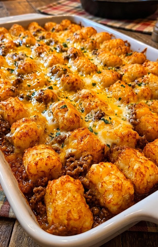 Serving of Cowboy Casserole with beef potatoes corn and cheese