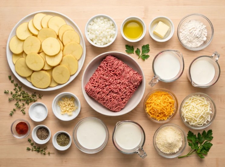 Serving of creamy beef potato casserole with melted cheese