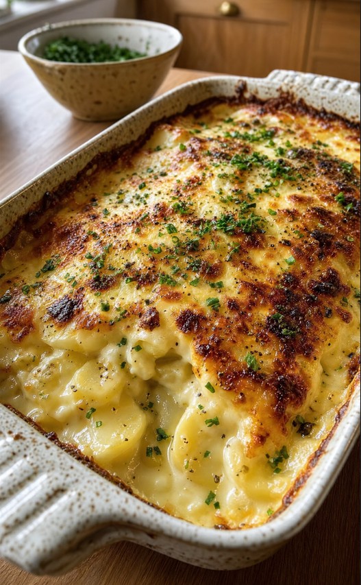 Cheesy garlic potato bake with a creamy center and golden crust