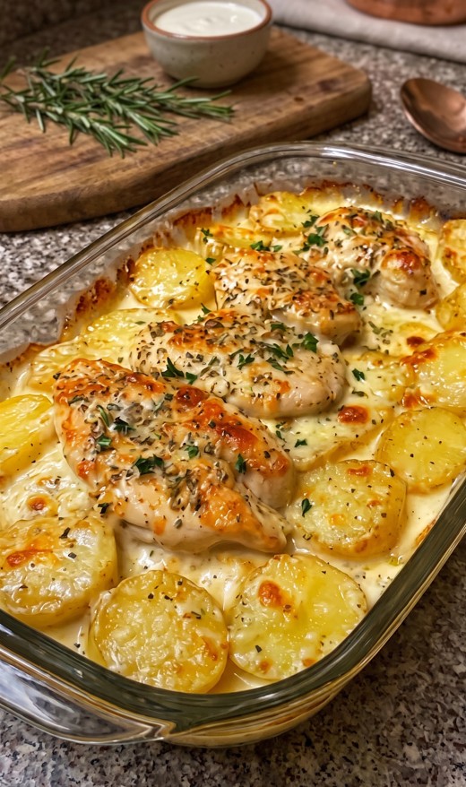 Creamy chicken potato coin bake in a glass baking dish topped with sliced potatoes and bacon