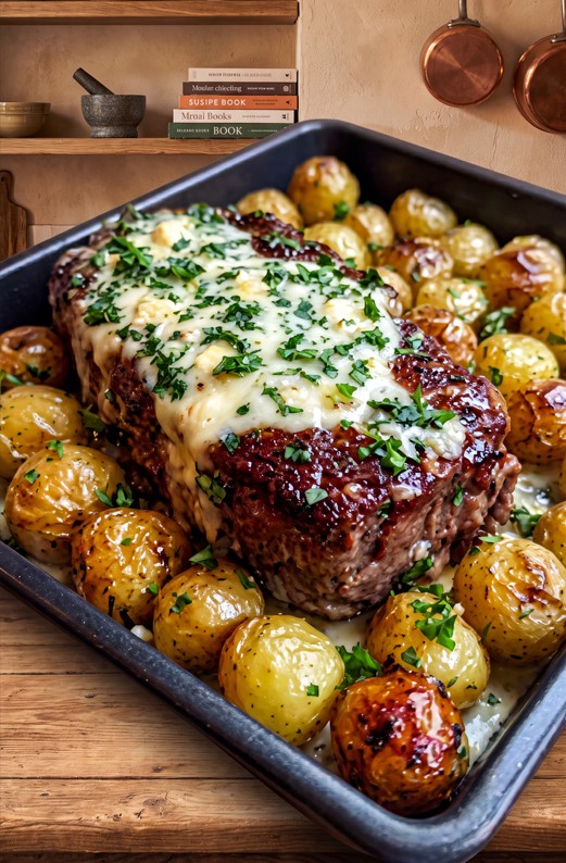 Garlic Parmesan roast beef served with golden baby potatoes