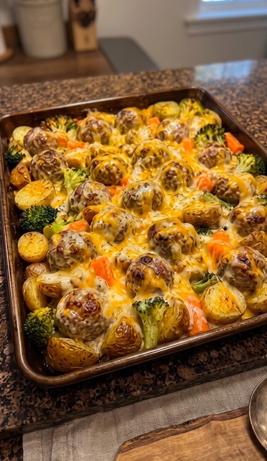 Easy Sheet Pan Cheesy Meatball Ranch Dinner