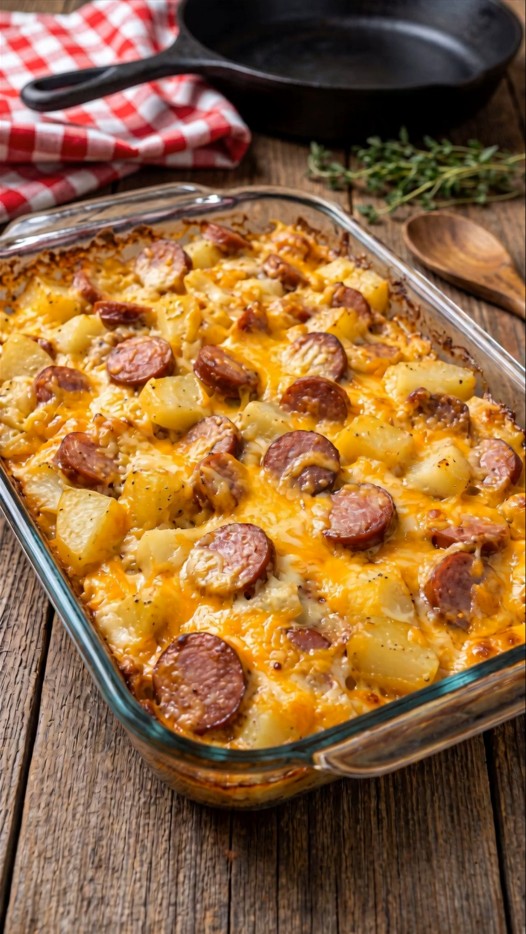 Creamy Smoked Sausage and Potato Casserole in a baking dish