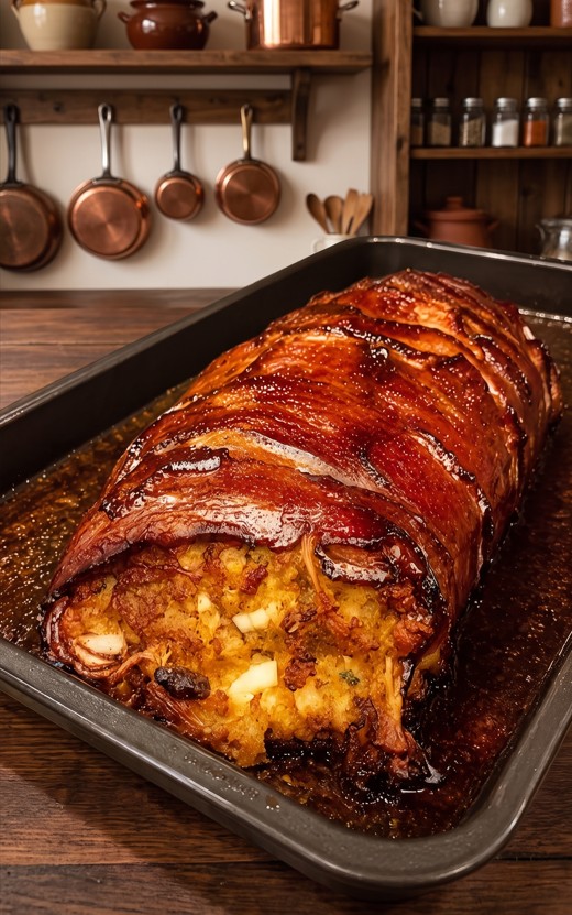 Freshly baked bacon wrapped stuffing roll with crisp browned bacon