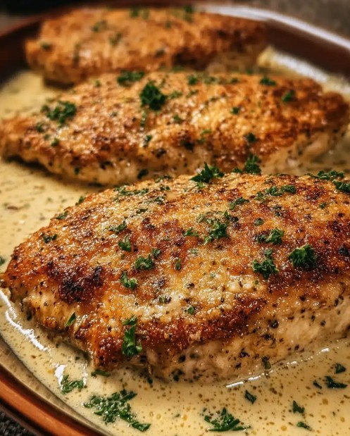 Parmesan crusted chicken browning in olive oil in a skillet