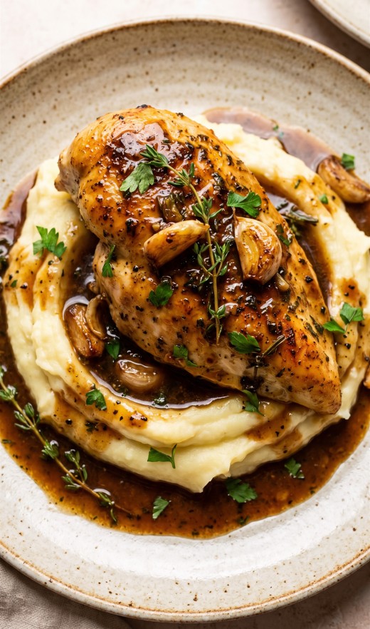 Herb butter chicken with pan gravy over creamy mashed potatoes
