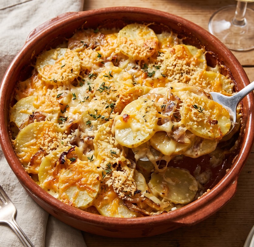 Layers of sliced potatoes mozzarella cheddar and Parmesan cheese