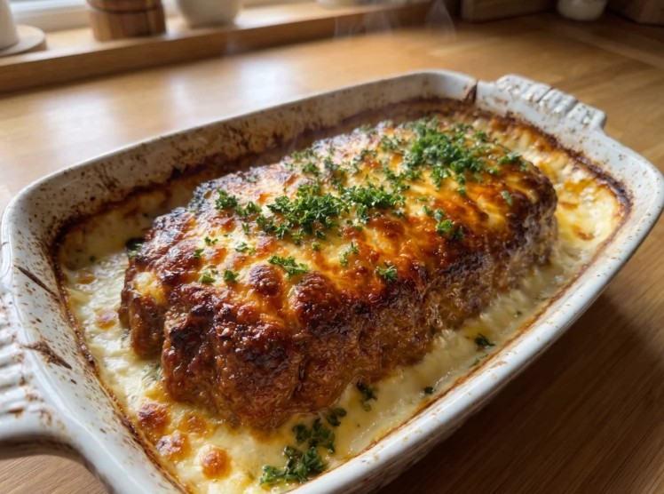 Garlic cream mixture poured over layered potatoes and cheese