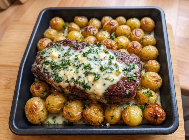Sliced garlic Parmesan roast beef served with baby potatoes and parsley