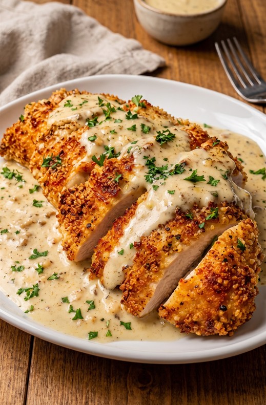 Crispy Parmesan chicken finished with garlic cream sauce and parsley