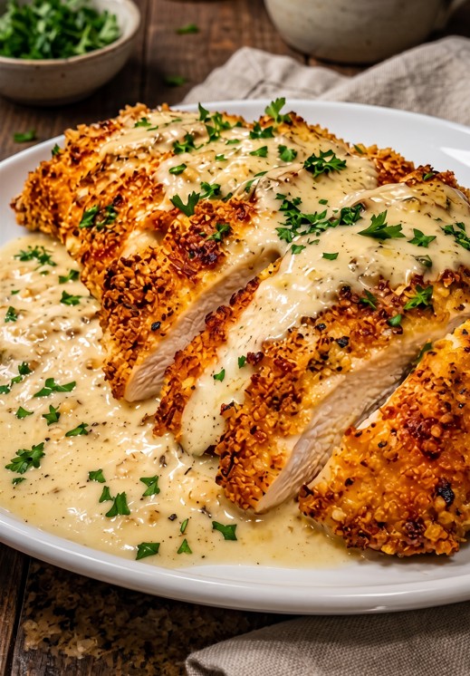 Parmesan crusted chicken served with creamy garlic sauce