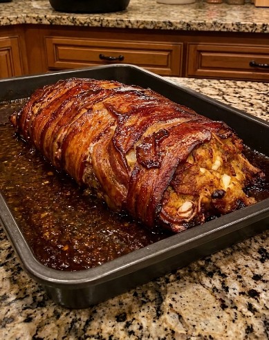 Thick-cut bacon slices arranged in a woven square lattice