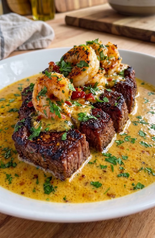 Creamy Cajun surf and turf with seared steak and garlic shrimp