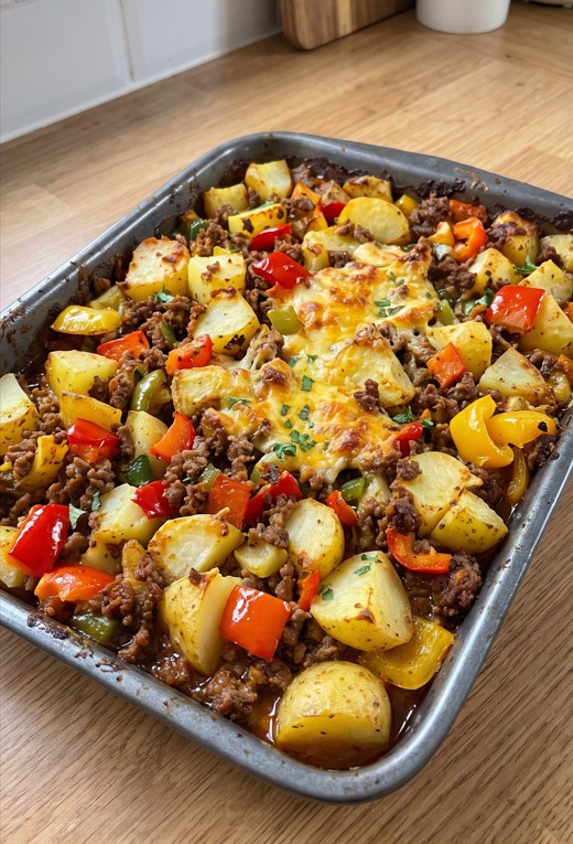 Freshly baked cheesy beef potato bake with colorful peppers and melted cheese