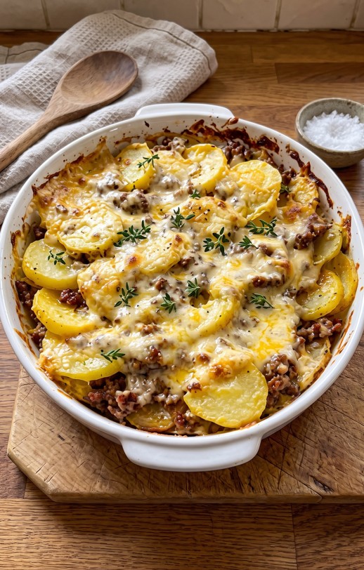 Creamy beef potato cheese casserole with a golden melted cheese topping