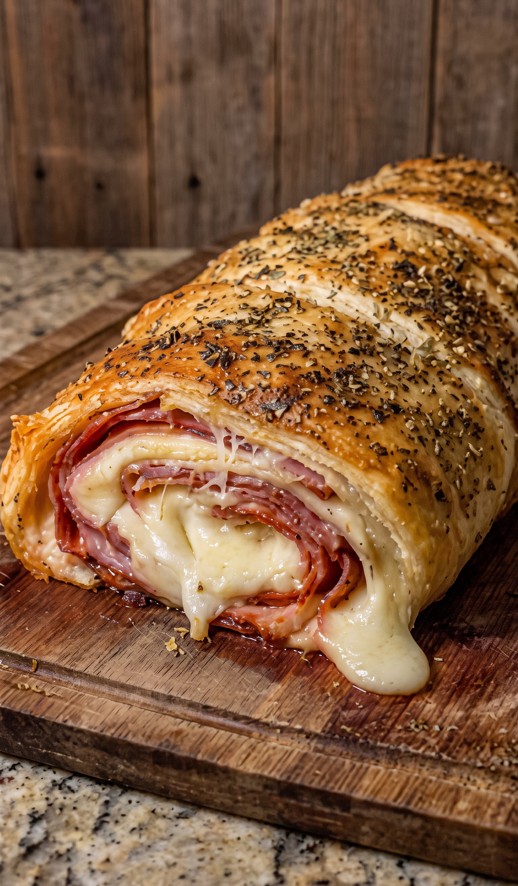 Freshly baked easy homemade Italian stromboli sliced open to show melted mozzarella and Italian meats
