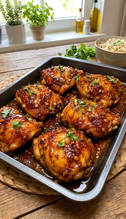 Caramelized honey garlic chicken thighs served over white rice with sticky sauce