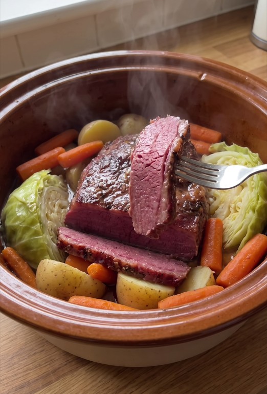 Tender slow cooker corned beef sliced on a serving board