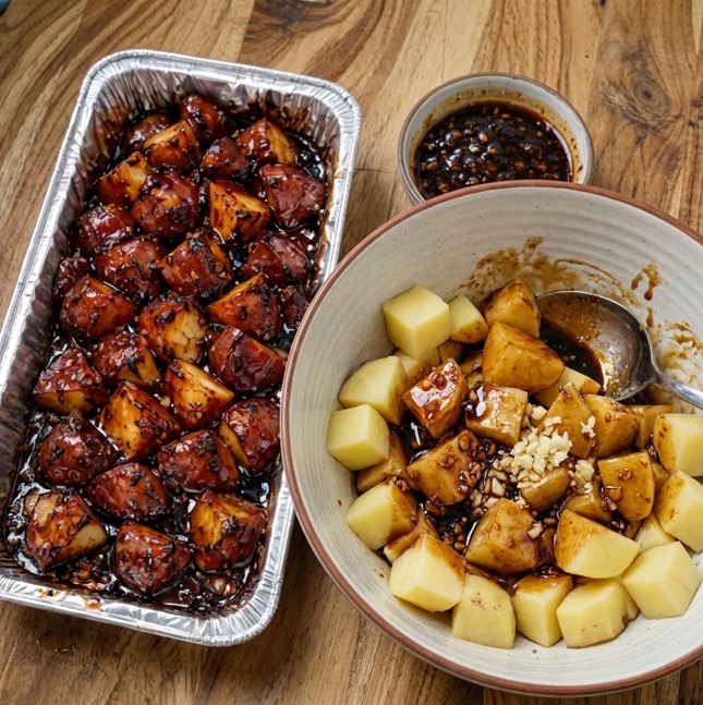Baby potatoes coated evenly in sticky barbecue garlic sauce