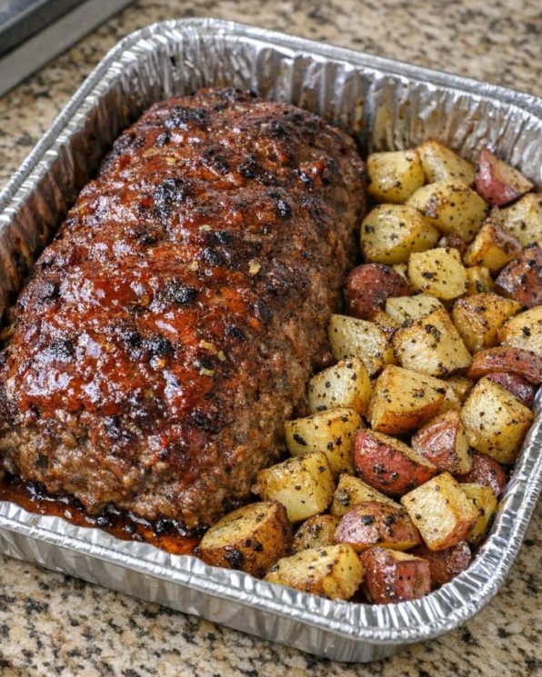 BBQ glazed meatloaf with golden roasted potatoes fresh from the oven