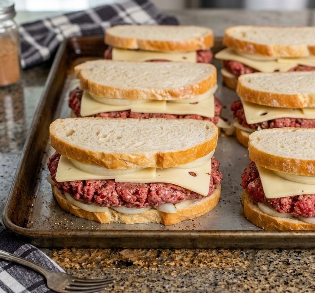 Beef patty layered with caramelized onions Swiss and cheddar cheese