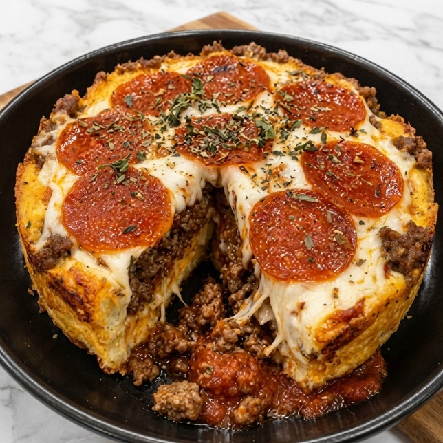 Bisquick impossible pizza pie with Italian sausage pepperoni and melted mozzarella