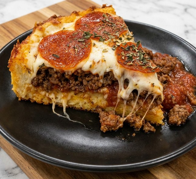 Slice of Bisquick impossible pizza pie filled with sausage pepperoni and cheese