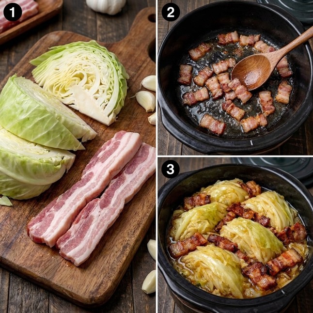 Tender cabbage rolls with bacon served over herb rice with glazed carrots