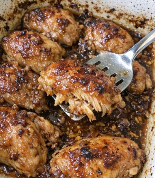Golden baked chicken thighs with crispy caramelized brown sugar skin