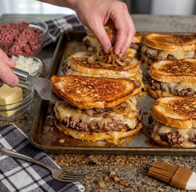 Golden beef patty melt with gooey melted Swiss and cheddar cheese