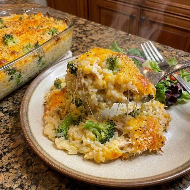 Cheesy chicken casserole with creamy pasta cheddar and melted mozzarella