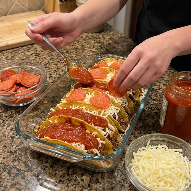 Baked pizza tacos with bubbly mozzarella provolone and crispy pepperoni