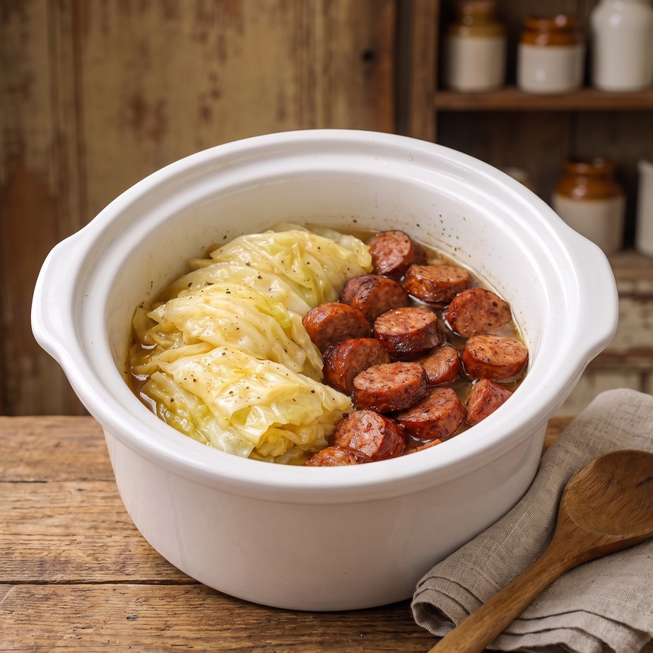 Tender slow cooker cabbage with smoky kielbasa carrots and herbs