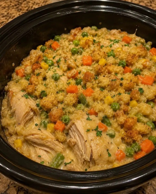 Tender crockpot chicken with stuffing vegetables and creamy sauce