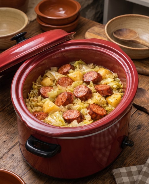 Tender slow cooker sausage and cabbage with potatoes and carrots