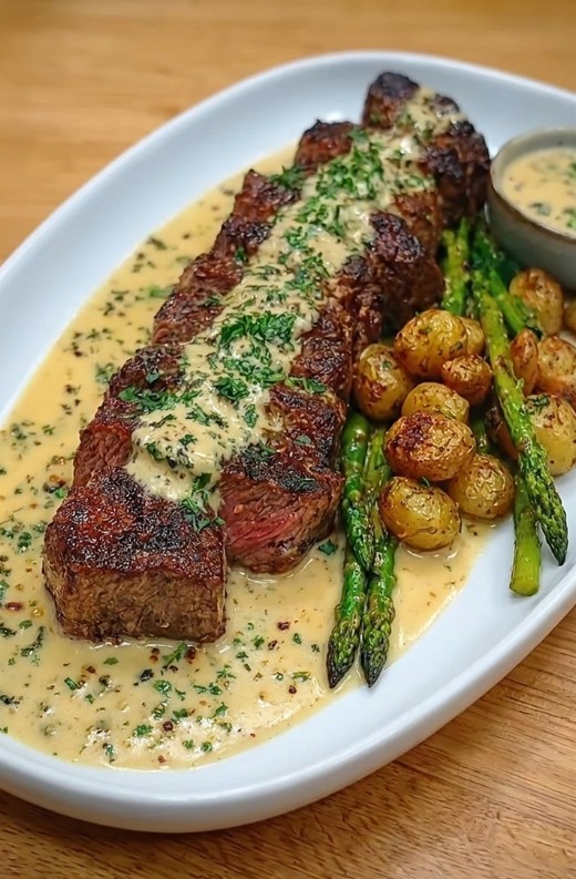 Garlic butter steak bites coated in creamy Parmesan sauce