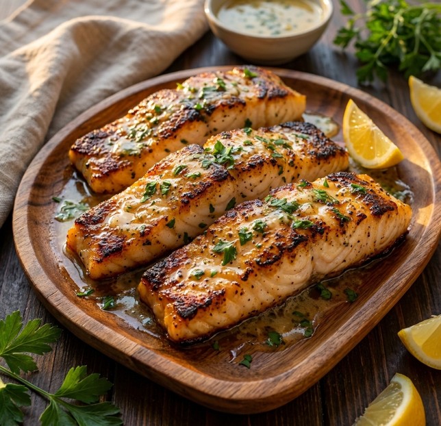 Creamy herb butter fish served with rich sauce and fresh herbs