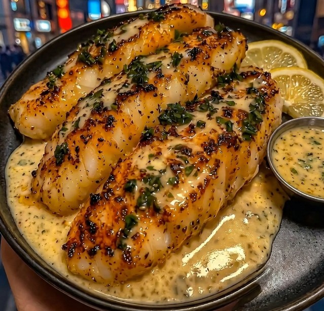 Creamy herb butter fish with golden seared white fish and garlic herb cream sauce