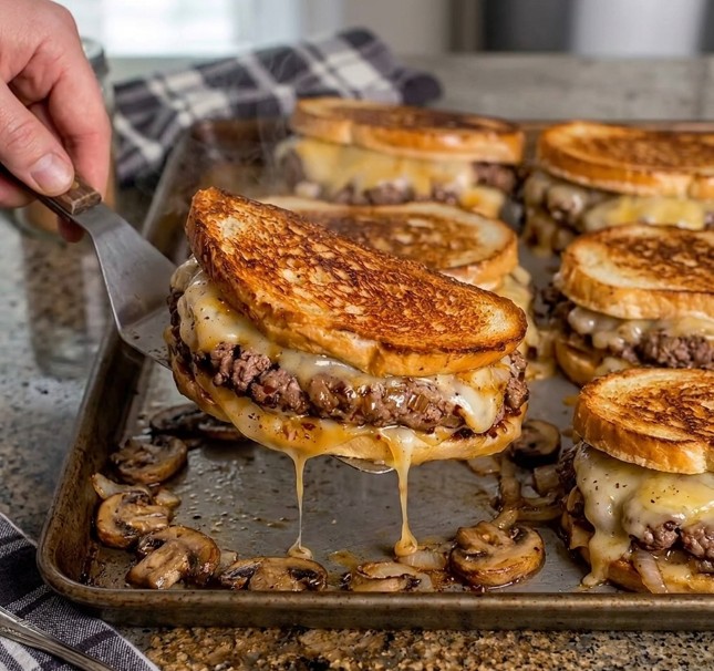 Crispy golden beef patty melt filled with juicy beef cheese and onions