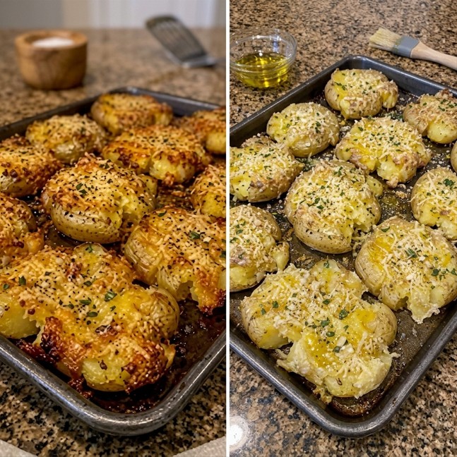 Crispy Parmesan smashed potatoes with golden cheesy edges