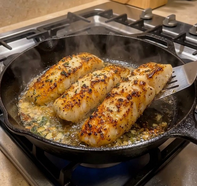 Pan-seared white fish coated in creamy herb butter sauce