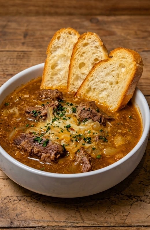 French onion beef soup with short ribs caramelized onions and cheesy bread