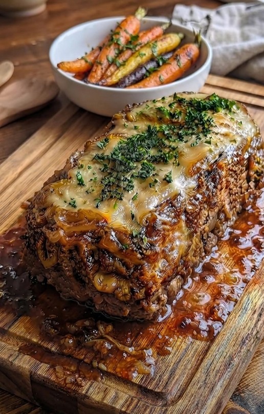 French onion meatloaf topped with caramelized onions and melted Gruyere cheese