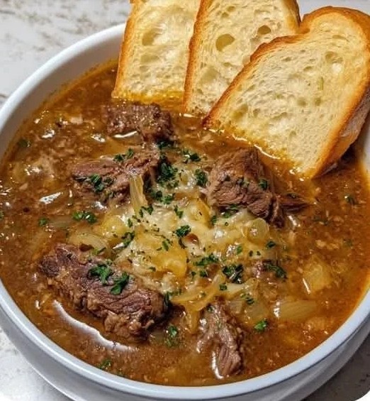Bowl of beef short rib onion soup topped with cheesy toasted bread