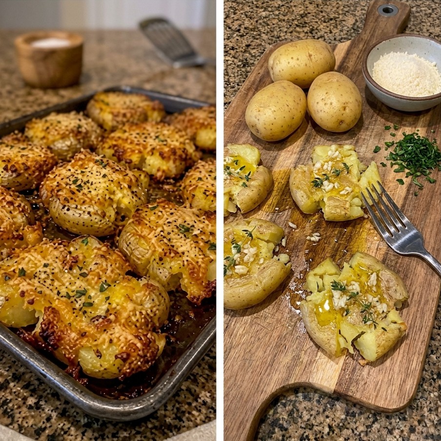 Smashed potatoes brushed with oil and seasoned with garlic salt and pepper